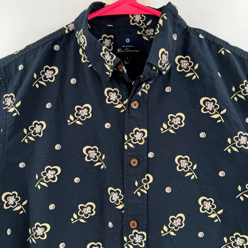 Ben Sherman Neps Shirt Small Floral Print Button Down Navy Cotton Short Sleeve - Picture 5 of 13